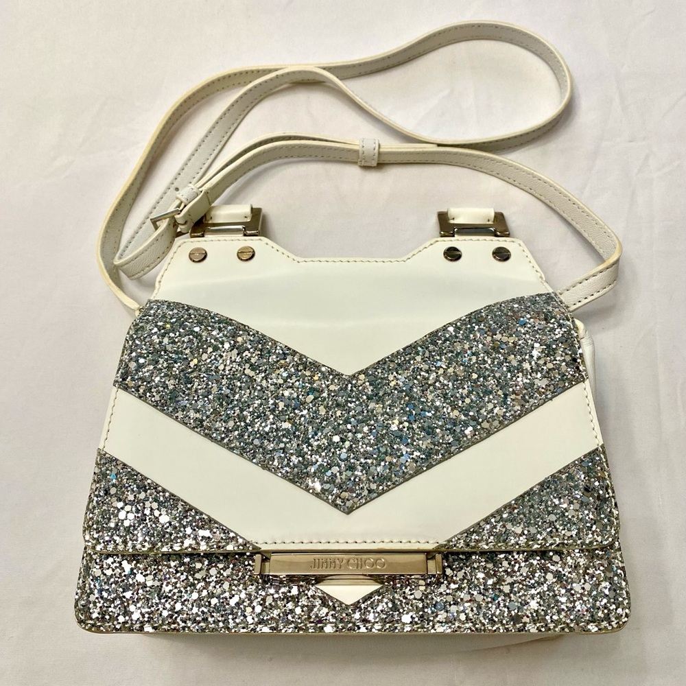 Jimmy Choo Glitter Fabric and White Leather Crossbody Bag